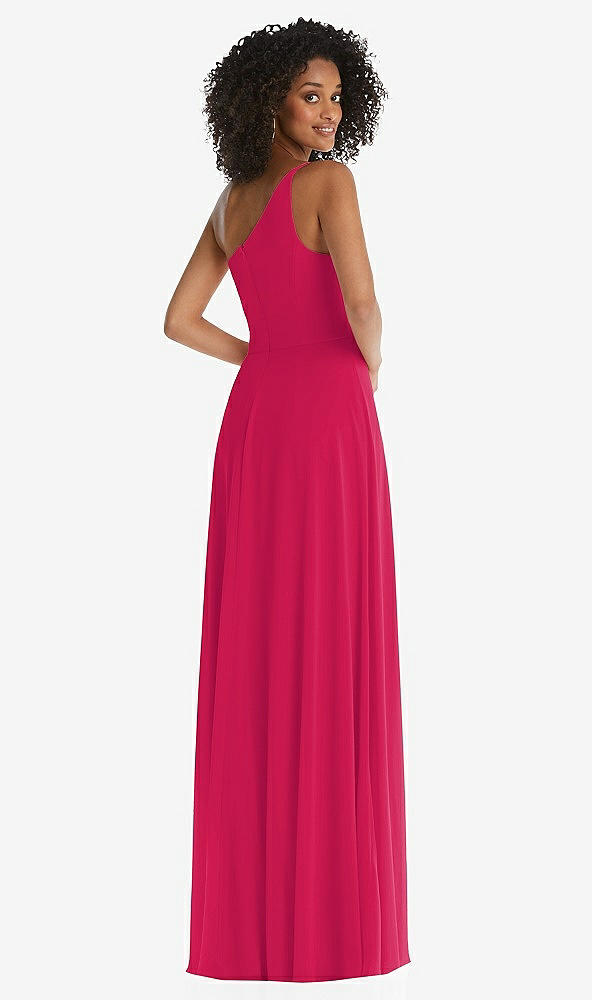 Back View - Vivid Pink One-Shoulder Chiffon Maxi Dress with Shirred Front Slit