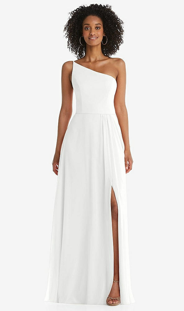 Front View - White One-Shoulder Chiffon Maxi Dress with Shirred Front Slit