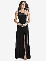 Front View Thumbnail - Black One-Shoulder Spaghetti Strap Velvet Maxi Dress with Pockets