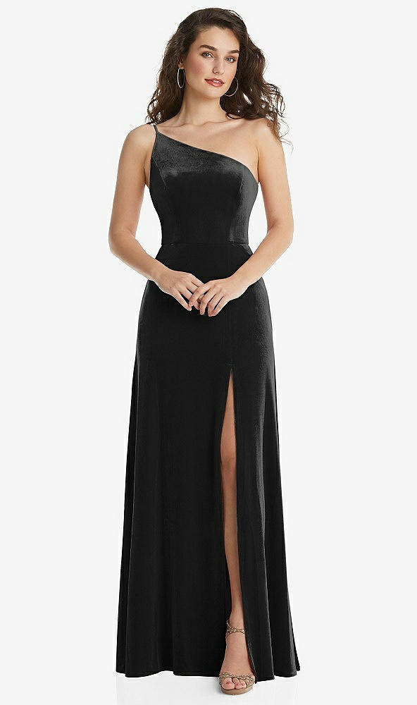 Front View - Black One-Shoulder Spaghetti Strap Velvet Maxi Dress with Pockets