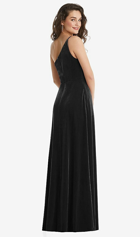Back View - Black One-Shoulder Spaghetti Strap Velvet Maxi Dress with Pockets