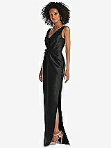 Side View Thumbnail - Black Pleated Bodice Satin Maxi Pencil Dress with Bow Detail