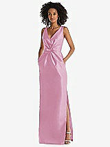 Front View Thumbnail - Powder Pink Pleated Bodice Satin Maxi Pencil Dress with Bow Detail