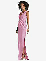 Side View Thumbnail - Powder Pink Pleated Bodice Satin Maxi Pencil Dress with Bow Detail