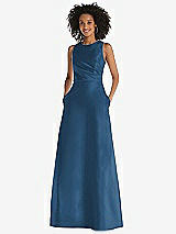 Front View Thumbnail - Dusk Blue Jewel Neck Asymmetrical Shirred Bodice Maxi Dress with Pockets