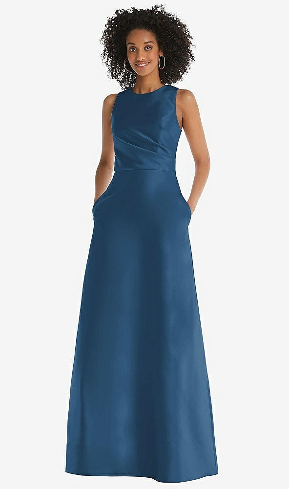 Front View - Dusk Blue Jewel Neck Asymmetrical Shirred Bodice Maxi Dress with Pockets