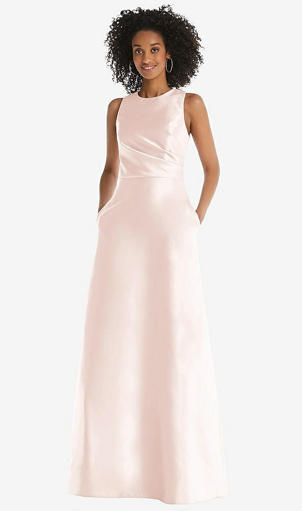Front View - Blush Jewel Neck Asymmetrical Shirred Bodice Maxi Dress with Pockets