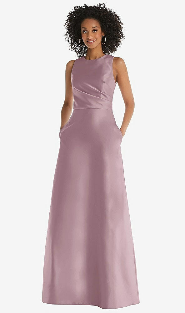 Front View - Dusty Rose Jewel Neck Asymmetrical Shirred Bodice Maxi Dress with Pockets