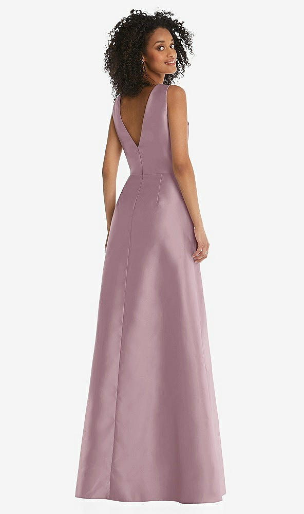 Back View - Dusty Rose Jewel Neck Asymmetrical Shirred Bodice Maxi Dress with Pockets
