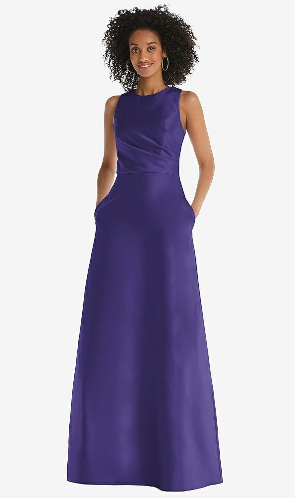 Front View - Grape Jewel Neck Asymmetrical Shirred Bodice Maxi Dress with Pockets