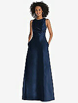 Front View Thumbnail - Midnight Navy Jewel Neck Asymmetrical Shirred Bodice Maxi Dress with Pockets