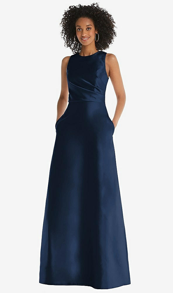 Front View - Midnight Navy Jewel Neck Asymmetrical Shirred Bodice Maxi Dress with Pockets