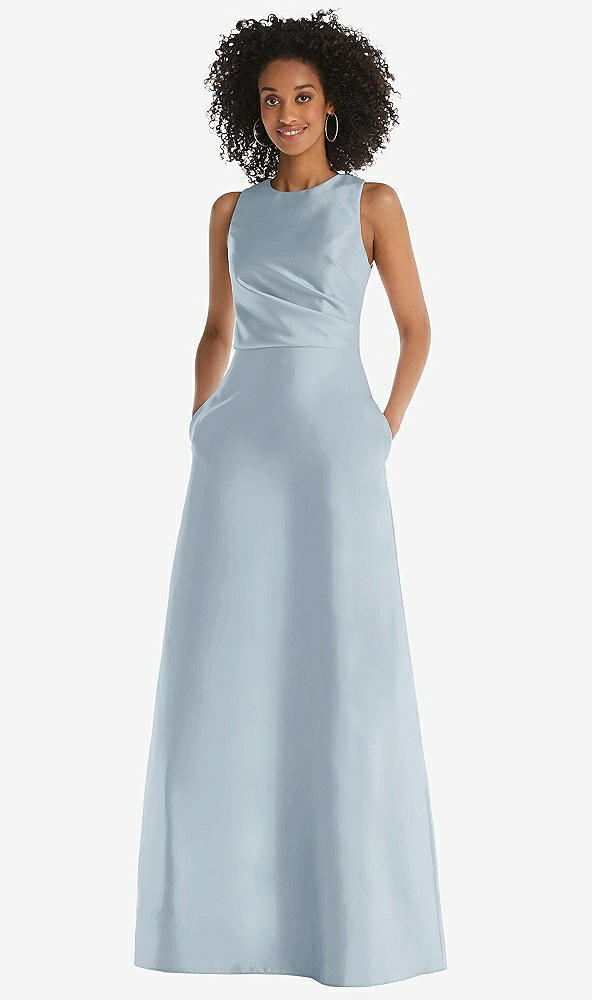 Front View - Mist Jewel Neck Asymmetrical Shirred Bodice Maxi Dress with Pockets