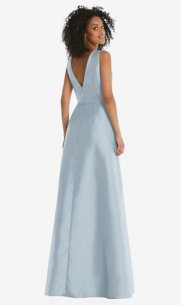 Back View - Mist Jewel Neck Asymmetrical Shirred Bodice Maxi Dress with Pockets