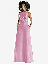 Front View Thumbnail - Powder Pink Jewel Neck Asymmetrical Shirred Bodice Maxi Dress with Pockets