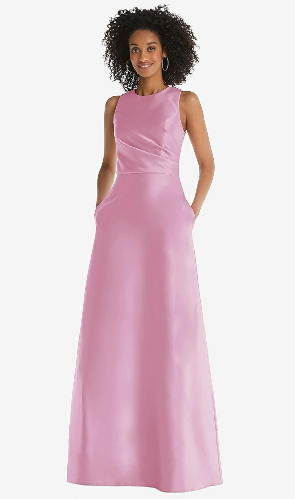 Front View - Powder Pink Jewel Neck Asymmetrical Shirred Bodice Maxi Dress with Pockets