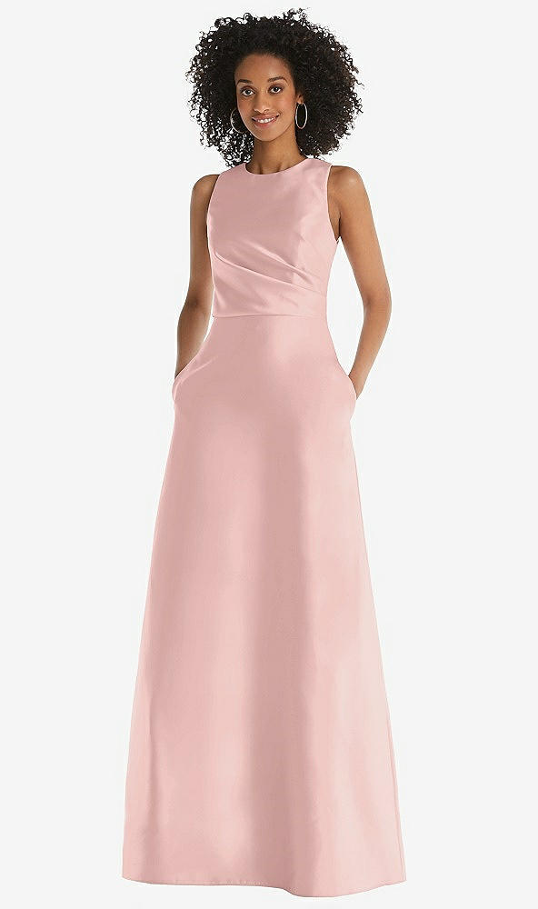 Front View - Rose - PANTONE Rose Quartz Jewel Neck Asymmetrical Shirred Bodice Maxi Dress with Pockets