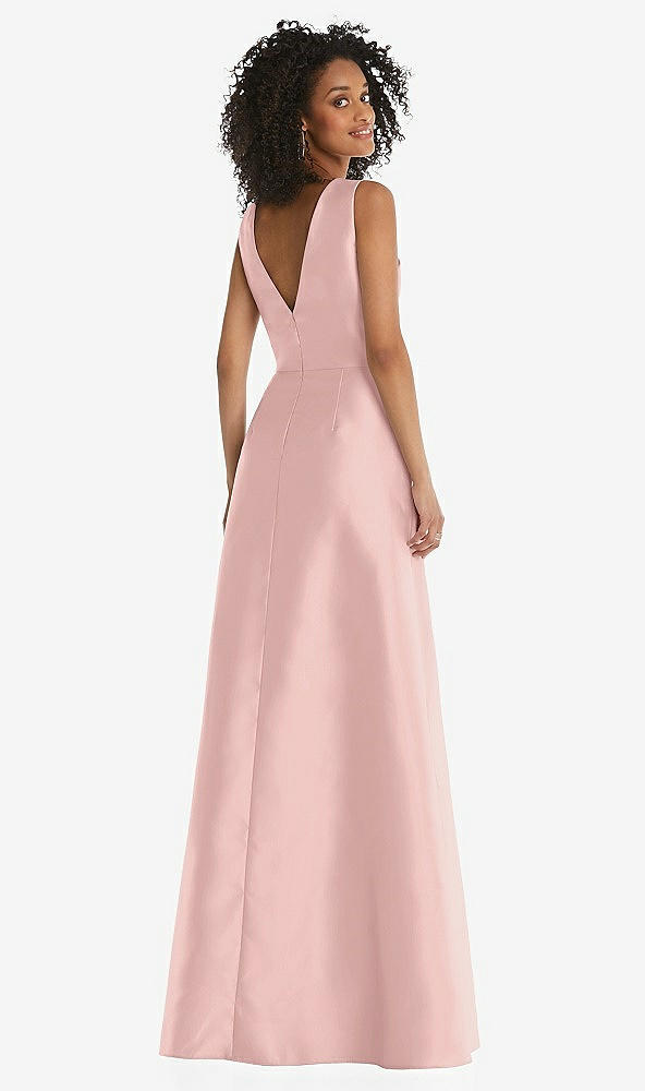 Back View - Rose - PANTONE Rose Quartz Jewel Neck Asymmetrical Shirred Bodice Maxi Dress with Pockets