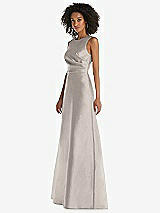 Side View Thumbnail - Taupe Jewel Neck Asymmetrical Shirred Bodice Maxi Dress with Pockets