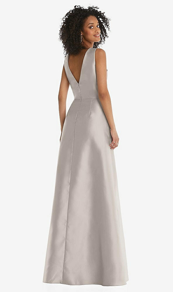 Back View - Taupe Jewel Neck Asymmetrical Shirred Bodice Maxi Dress with Pockets