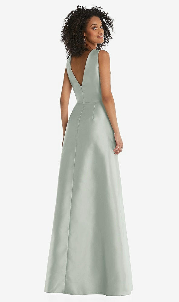 Back View - Willow Green Jewel Neck Asymmetrical Shirred Bodice Maxi Dress with Pockets