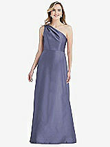 Front View Thumbnail - French Blue Pleated Draped One-Shoulder Satin Maxi Dress with Pockets