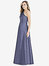 Side View Thumbnail - French Blue Pleated Draped One-Shoulder Satin Maxi Dress with Pockets