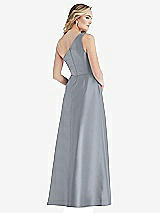 Rear View Thumbnail - French Blue Pleated Draped One-Shoulder Satin Maxi Dress with Pockets