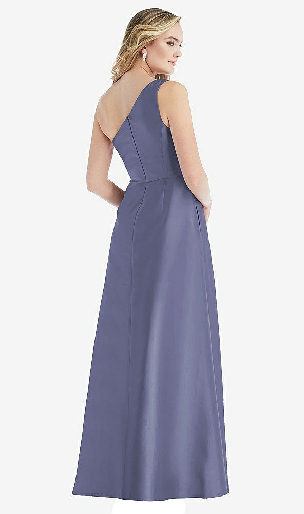 Back View - French Blue Pleated Draped One-Shoulder Satin Maxi Dress with Pockets