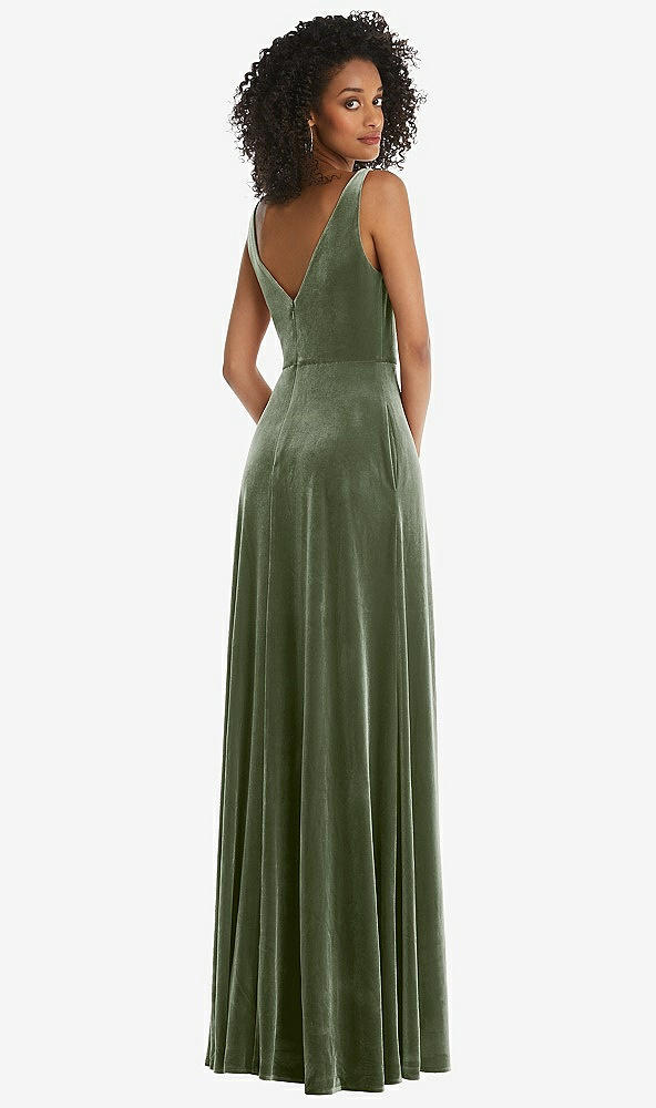 Back View - Sage Velvet Maxi Dress with Shirred Bodice and Front Slit