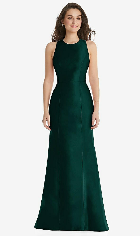 Front View - Evergreen Jewel Neck Bowed Open-Back Trumpet Dress 