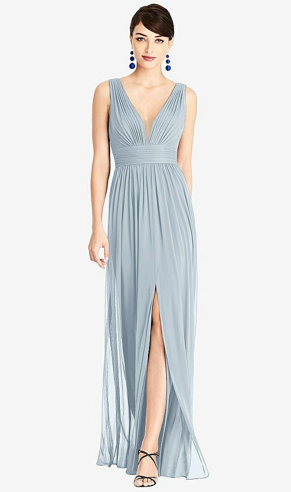 Front View - Mist & Light Nude Illusion Plunge Neck Shirred Maxi Dress