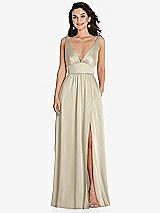 Front View Thumbnail - Champagne Deep V-Neck Shirred Skirt Maxi Dress with Convertible Straps