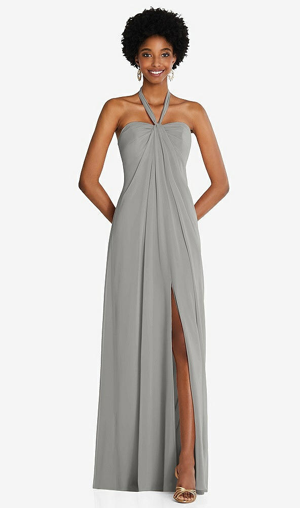 Front View - Chelsea Gray Draped Chiffon Grecian Column Gown with Convertible Straps
