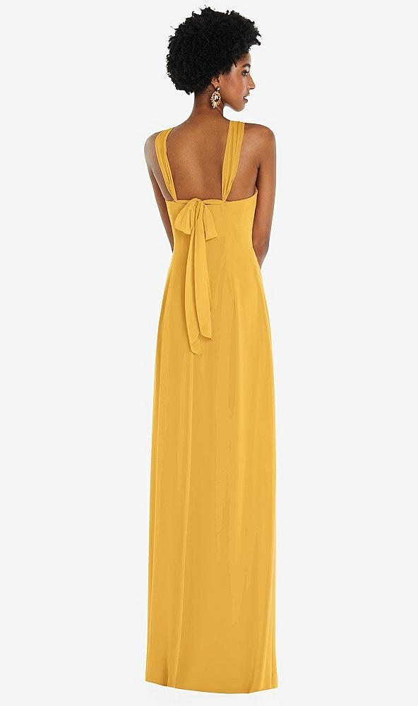 Back View - NYC Yellow Draped Chiffon Grecian Column Gown with Convertible Straps