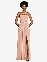 Front View Thumbnail - Pale Peach Draped Chiffon Grecian Column Gown with Convertible Straps