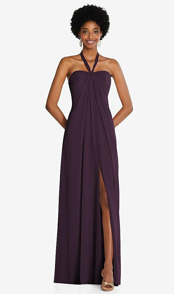 Front View - Aubergine Draped Chiffon Grecian Column Gown with Convertible Straps