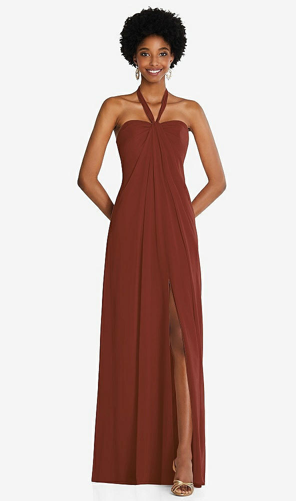 Front View - Auburn Moon Draped Chiffon Grecian Column Gown with Convertible Straps