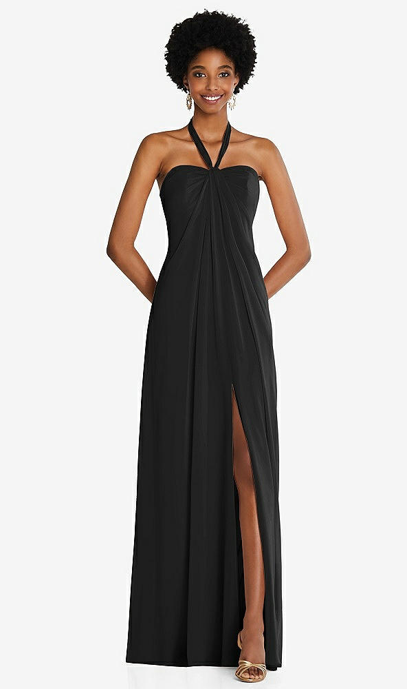 Front View - Black Draped Chiffon Grecian Column Gown with Convertible Straps