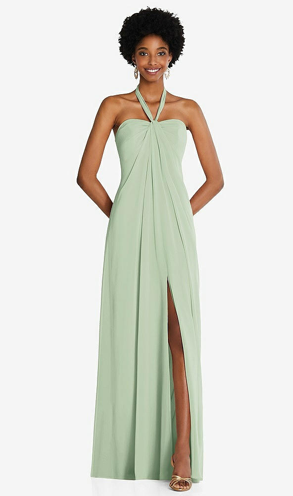 Front View - Celadon Draped Chiffon Grecian Column Gown with Convertible Straps