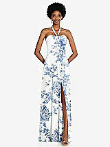 Front View Thumbnail - Cottage Rose Dusk Blue Draped Chiffon Grecian Column Gown with Convertible Straps
