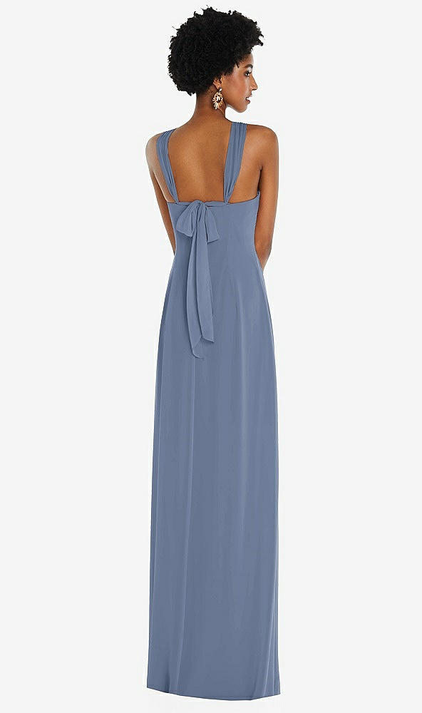 Back View - Larkspur Blue Draped Chiffon Grecian Column Gown with Convertible Straps
