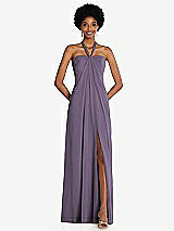 Front View Thumbnail - Lavender Draped Chiffon Grecian Column Gown with Convertible Straps