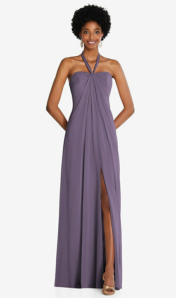 Front View - Lavender Draped Chiffon Grecian Column Gown with Convertible Straps