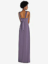 Rear View Thumbnail - Lavender Draped Chiffon Grecian Column Gown with Convertible Straps