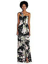 Alt View 1 Thumbnail - Noir Garden Draped Chiffon Grecian Column Gown with Convertible Straps