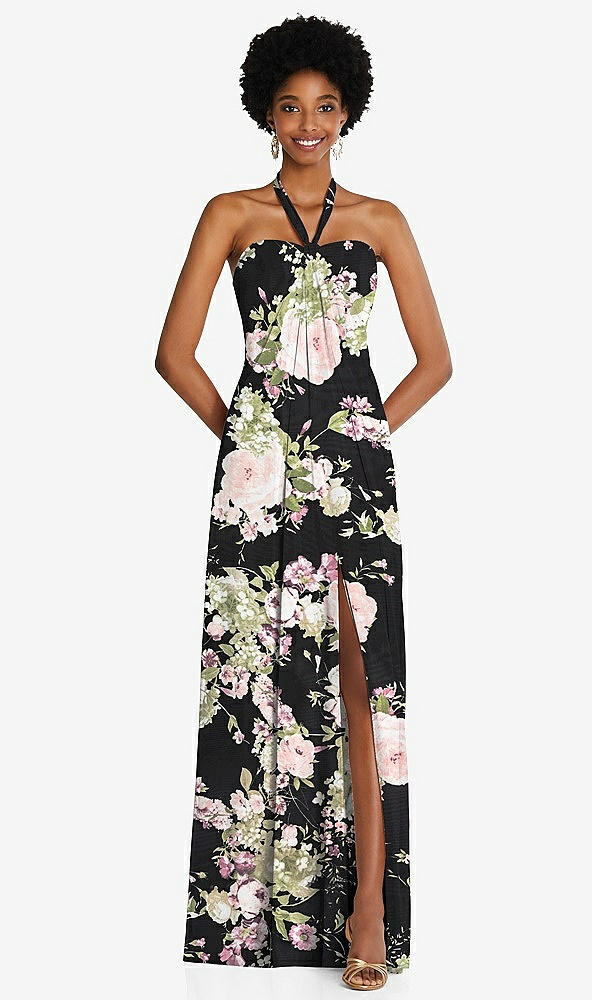 Front View - Noir Garden Draped Chiffon Grecian Column Gown with Convertible Straps