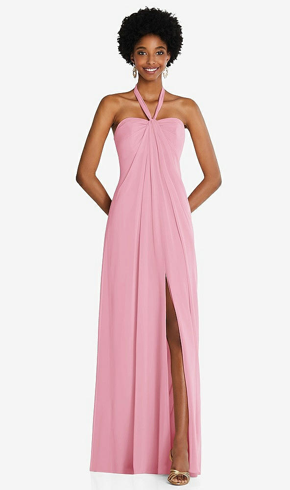 Front View - Peony Pink Draped Chiffon Grecian Column Gown with Convertible Straps