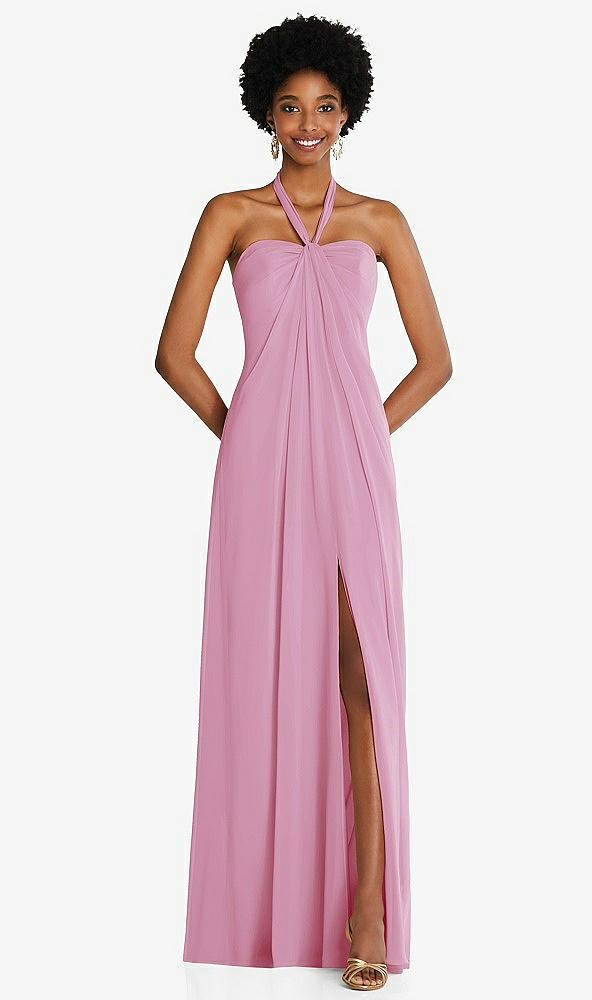 Front View - Powder Pink Draped Chiffon Grecian Column Gown with Convertible Straps
