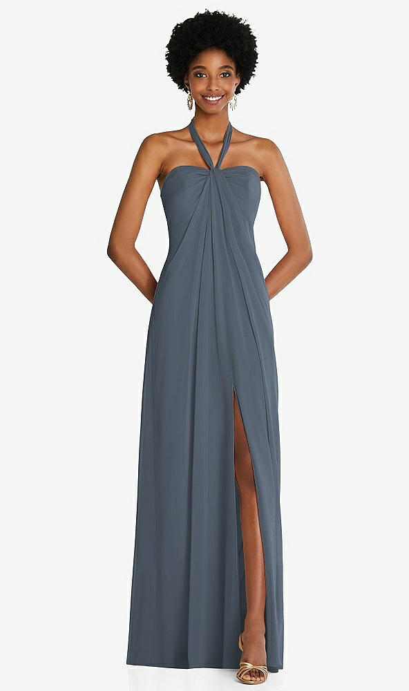 Front View - Silverstone Draped Chiffon Grecian Column Gown with Convertible Straps
